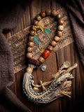 Vintage Aged Star-Moon Bodhi Beads Bracelet Single Layer Tibetan Style Handheld Bracelet with Braided Rope Tassel Old Material Star Moon Bodhi Mala Prayer Beads Wrist Mala