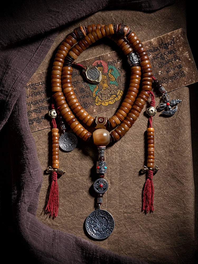 108 Count Natural Old Material Tibetan Yak Bone Prayer Mala Mens Bracelet Handcrafted Tibetan Yak Bone Beaded Rosary Wristband