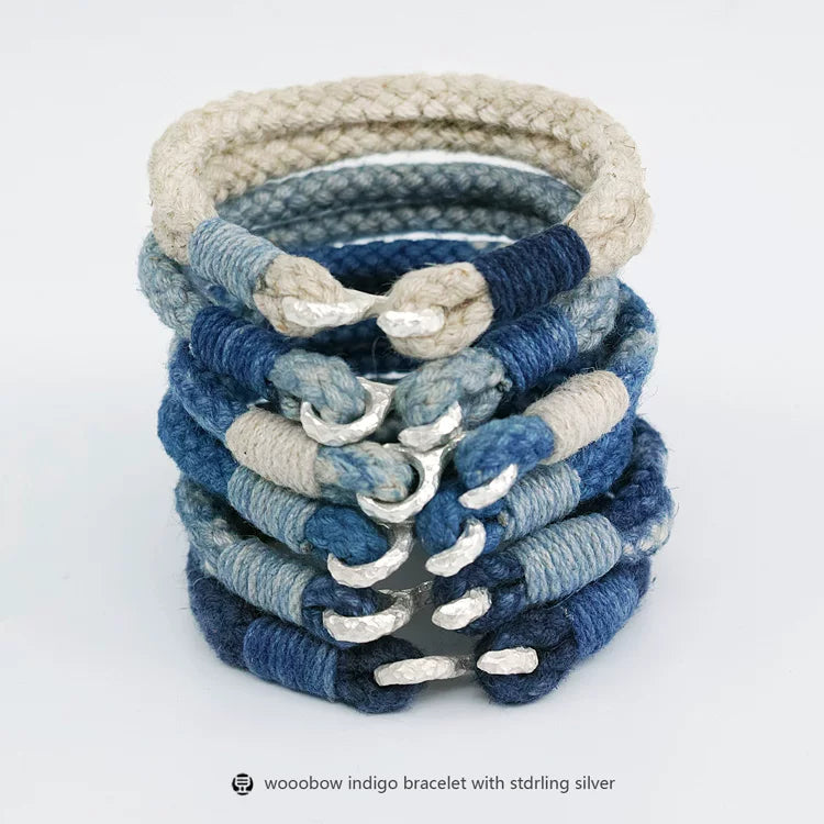 Handmade Indigo Dyed Cotton Linen Woven S Hook Bracelet Vintage Pure Silver Unisex Couple Bangle Fashion Brand Jewelry Perfect Holiday Birthday Gift for Men and Women