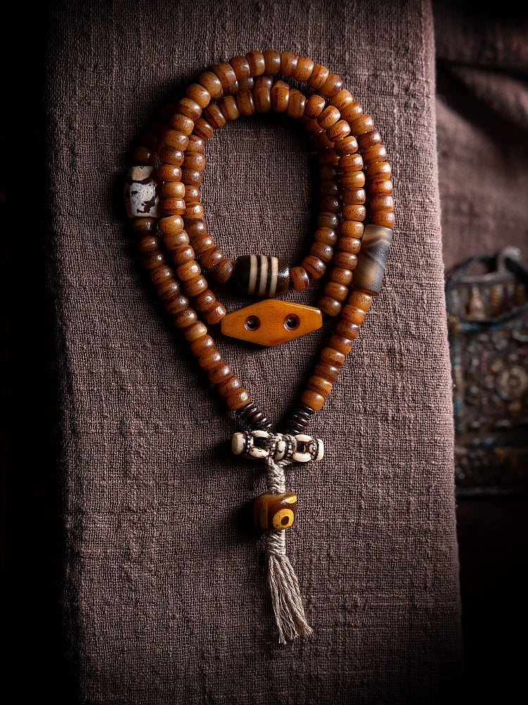 108 Beads Multi loop Handcrafted Tibetan Braided Rope Design Natural Old Yak Bone Mala Beads Bracelet For Men Can Be Used As Hand String or Necklace