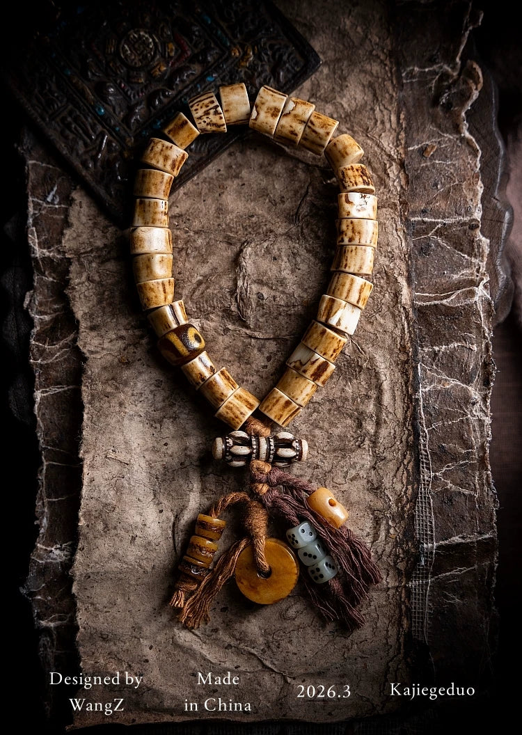 Handmade Tibetan Style Braided Rope Single Circle Bracelet Natural Antler Tip Yak Bone Ethnic Tibetan Cultural Jewelry for Daily Wear and Collection