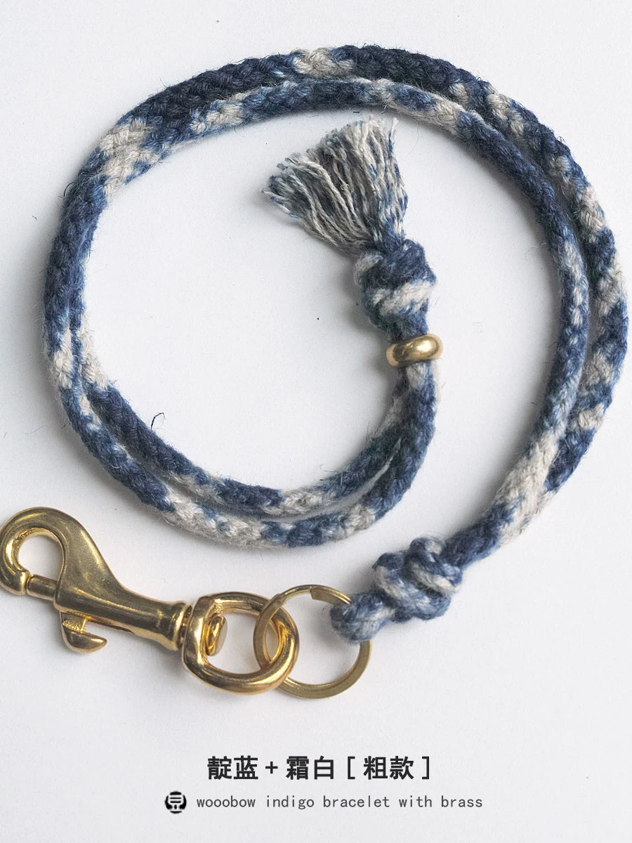 Hand Woven Cotton Linen Indigo Dyed Khaki Neck Lanyard Necklace For Phone ID Badge Key Vintage Casual Trendy Gift For Men Women Crafted Boho Style Neck Strap Hanging Chain