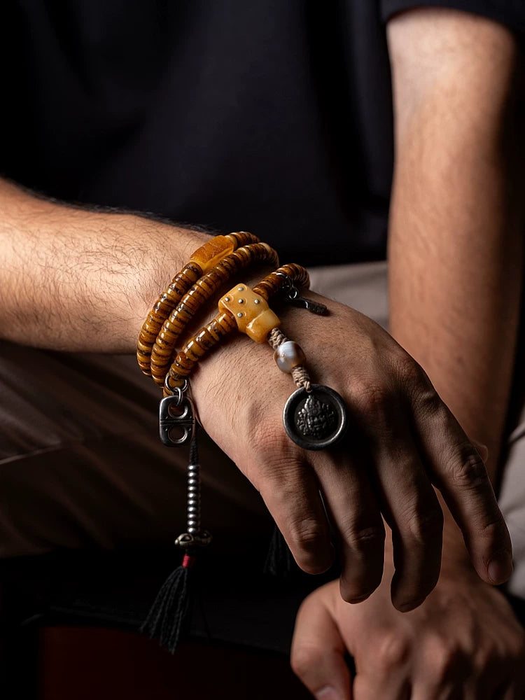 Original Handmade 108 Beads Tibetan Mala Little Gaga Prayer Beads Old Yak Bone Mala Bracelet Tibetan Style Meditation Winding Bracelet for Tibetan Buddhist Nurturing Play
