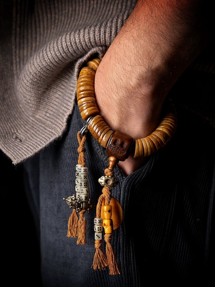 Vintage Tibetan Old Material Yak Bone Bead Mala Single Strand Bracelet Authentic Natural Yak Bone Spiritual Ling Gu Hand String for Prayer Meditation Daily Play Collection