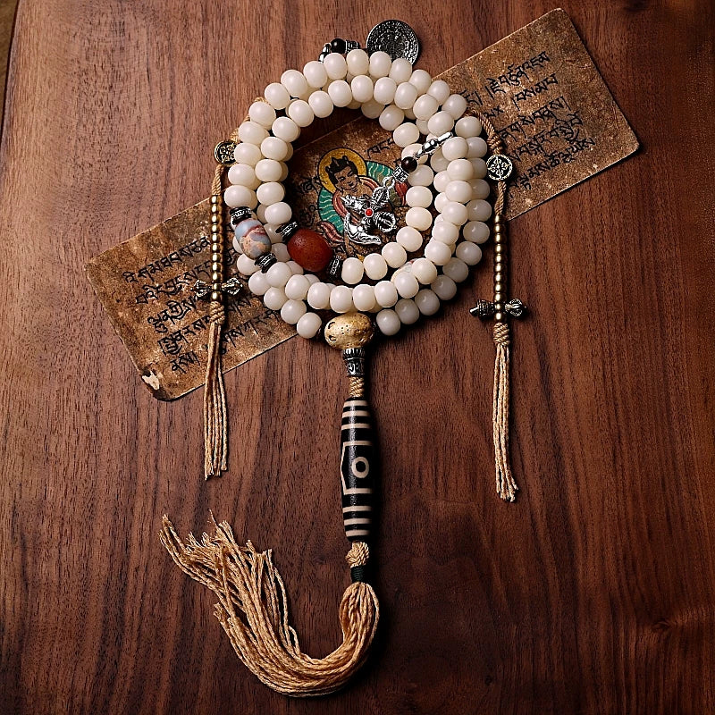 Original Tibetan Style 108 Beads White Bodhi Root Mala Prayer Beads Bracelet For Men And Women Natural Dzi Bead Versatile Necklace Hand String Ethnic Spiritual Jewelry
