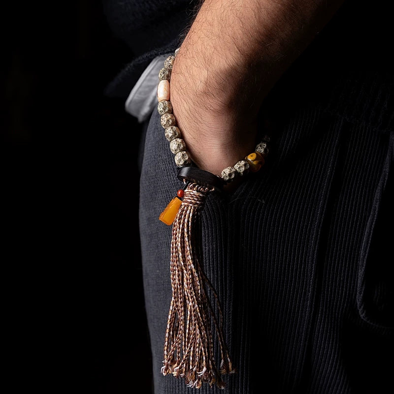 Natural Star-Moon Bodhi Seed Bodhi Prayer Beads Bracelet Waxy Jade Texture Non phase Stone Material Tibetan Style Tassel Handheld Mala Rosary Wrist Bracelet For Meditation Buddhist Prayer Jewelry