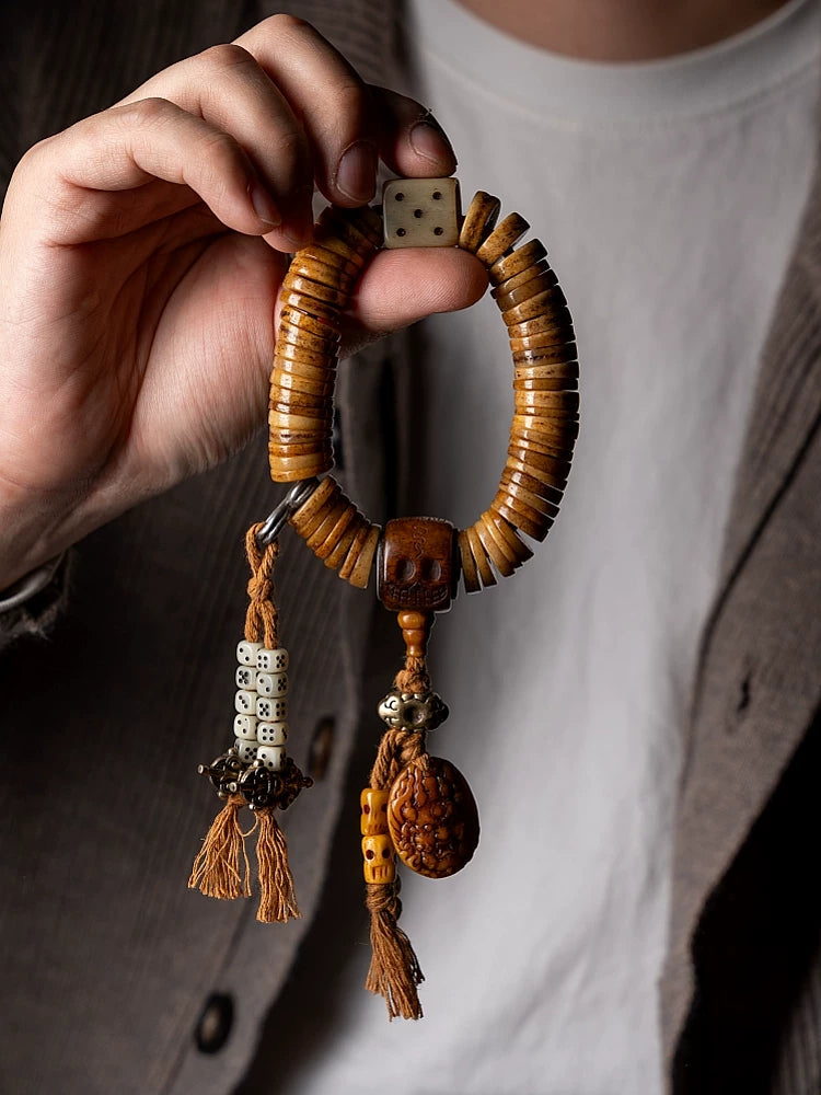 Vintage Tibetan Old Material Yak Bone Bead Mala Single Strand Bracelet Authentic Natural Yak Bone Spiritual Ling Gu Hand String for Prayer Meditation Daily Play Collection