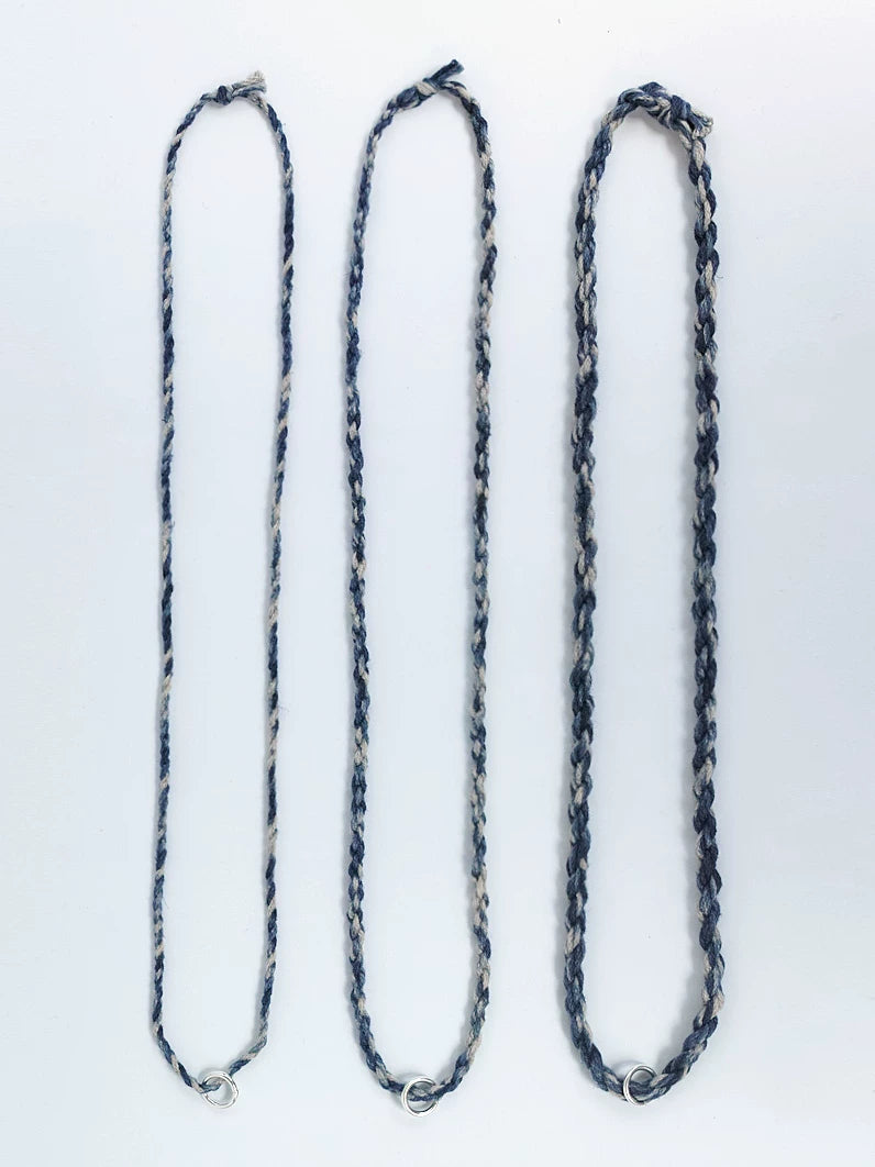 Hand Woven Indigo Dyed Hemp Cotton Necklace Cord Bracelet with Pure Silver Beads Unisex Couple Matching Jewelry Trendy Brand Gift for Men Women