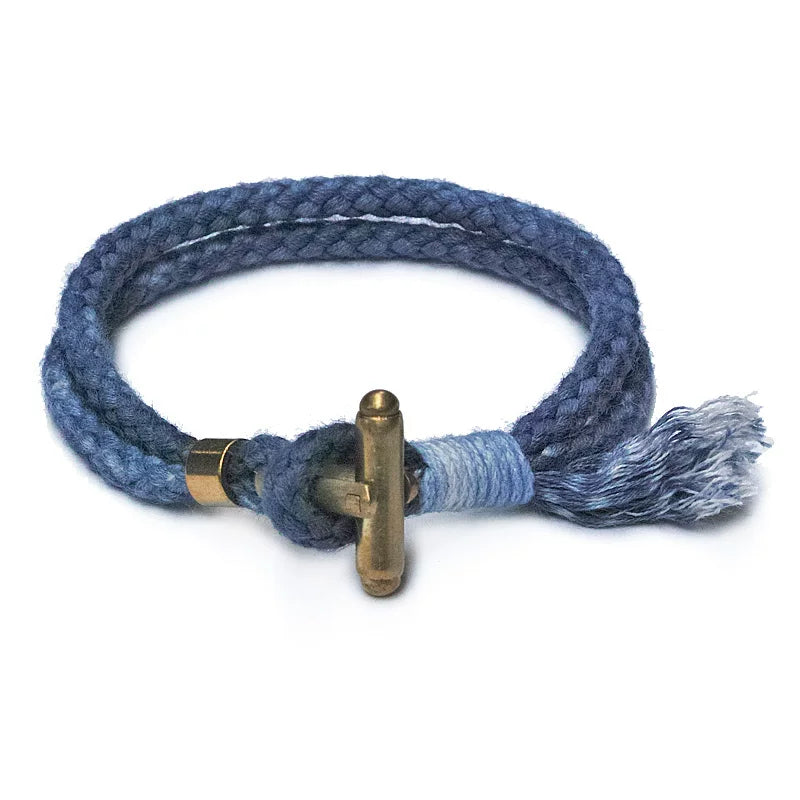 Handmade Indigo Dyed Cotton Linen Braided T Buckle Bracelet Antique Brass Clasp Unisex Couple Woven Bracelet Trendy Street Style Fashion Jewelry Gift for Men Women Boyfriend Girlfriend