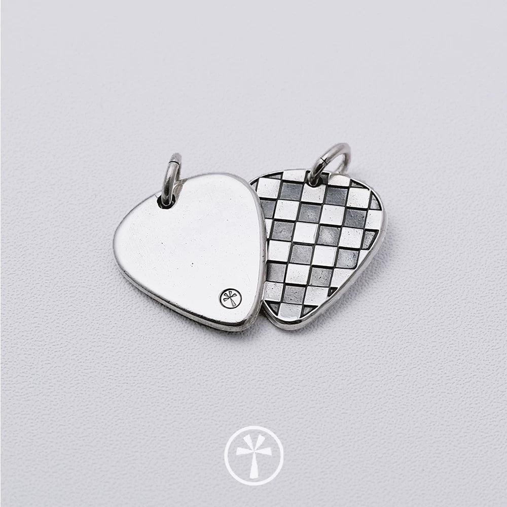 Original Handmade 999 Pure Silver Black White Check Plectrum Charm Pendant Necklace Independent Design Sterling Silver Jewelry For Jewelry Store
