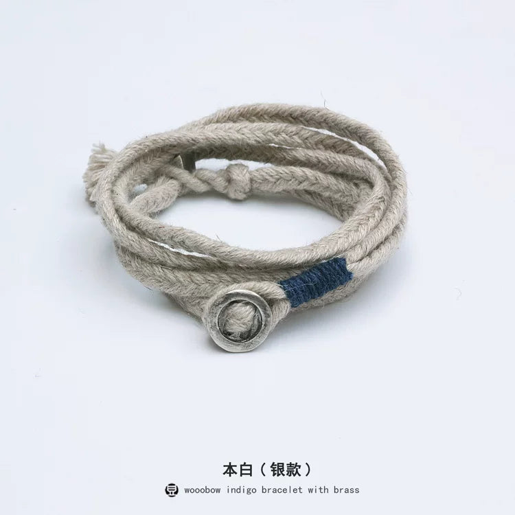 Handmade Original Five Strand Braided Bracelet Pure Silver Indigo Dyed Cotton Linen Couple Wristband Unisex Hand Braided Rope Bracelet Handcrafted Blue Dyed Fashion Adjustable Jewelry for Men and Women