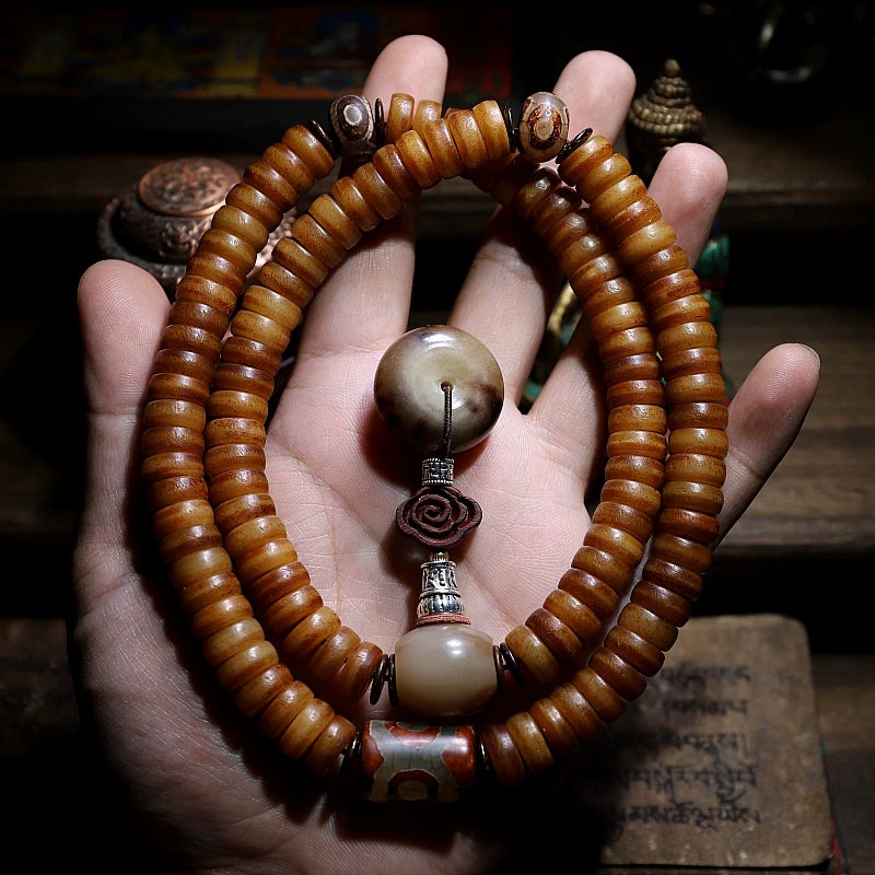 Tibetan Natural Old Material Yak Bone 108 Beads Mala Prayer Beads Original Mens Bracelet Tibetan Style Womens Rosary Yak Bone Meditation Jewelry