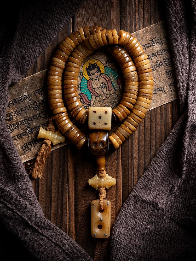 Traditional Tibetan Reversed Gaga Old Yak Bone 108 Beads Prayer Mala Mens Bracelet Natural Spirit Bone Buddhist Rosary