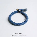 Handmade Braided Diamond Knot Cotton Linen Indigo Dyed Bracelet With Brass T Clasp Unisex Couple Woven Bangle Trendy Fashion Jewelry Gift For Men And Women