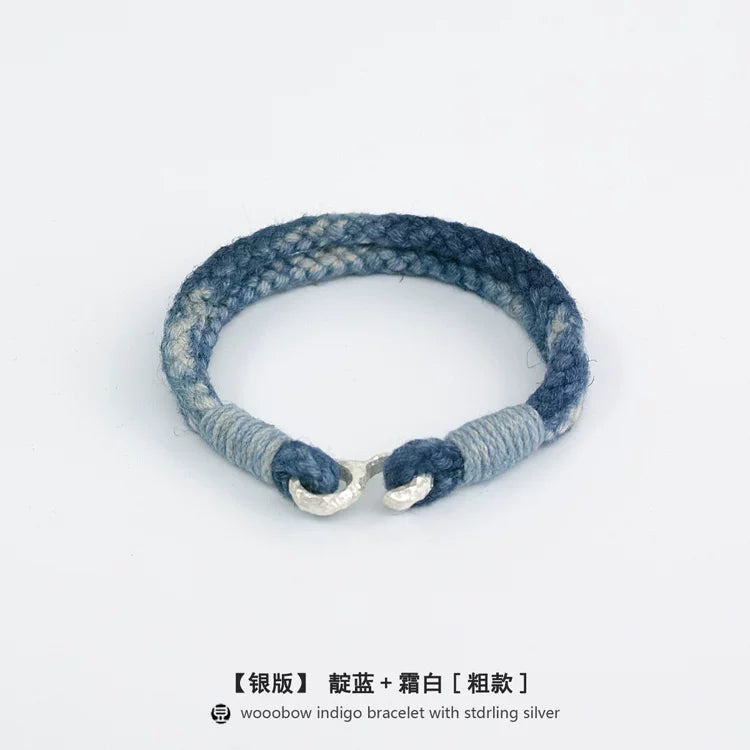 Handmade Indigo Dyed Cotton Linen Woven S Hook Bracelet Vintage Pure Silver Unisex Couple Bangle Fashion Brand Jewelry Perfect Holiday Birthday Gift for Men and Women