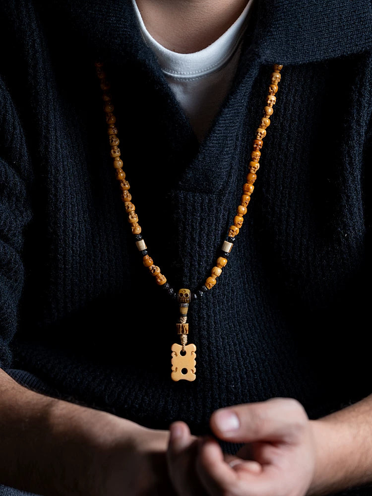Guangzhuo Hand Carved Skull 108 Mala Prayer Beads Bracelet Authentic Tibetan Natural Yak Bone Mala Beads Necklace Handmade Mens Meditation Tibetan Buddhist Rosary Wrist Bracelet