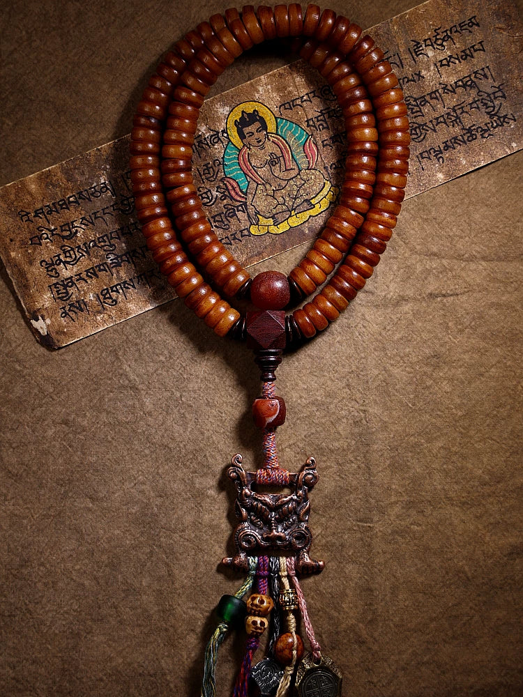 Tibetansk stil, naturligt gammelt materiale, yakokseben, 108 perler bedemala til mænd og kvinder, yakoksebenarmbånd/-halskæde med skriftspænde, håndlavede tibetanske smykker