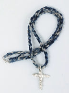 Hand Woven Indigo Dyed Hemp Cotton Necklace Cord Bracelet with Pure Silver Beads Unisex Couple Matching Jewelry Trendy Brand Gift for Men Women