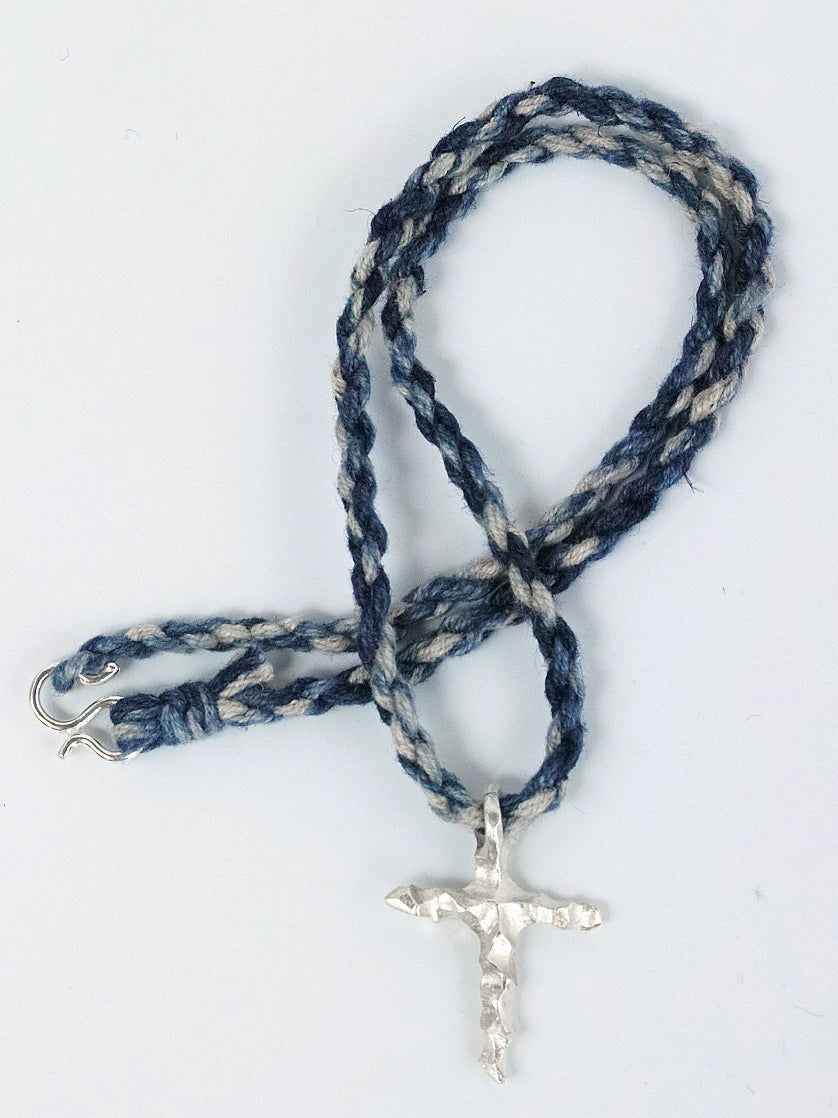 Hand Woven Indigo Dyed Hemp Cotton Necklace Cord Bracelet with Pure Silver Beads Unisex Couple Matching Jewelry Trendy Brand Gift for Men Women