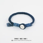 Handmade Indigo Dyed Beaded Buckle Cotton Linen Cord Bracelet with Pure Silver Accent Natural Plant Dye Unisex Couple Bangle Trendy Jewelry Perfect Holiday Birthday Gift for Men and Women