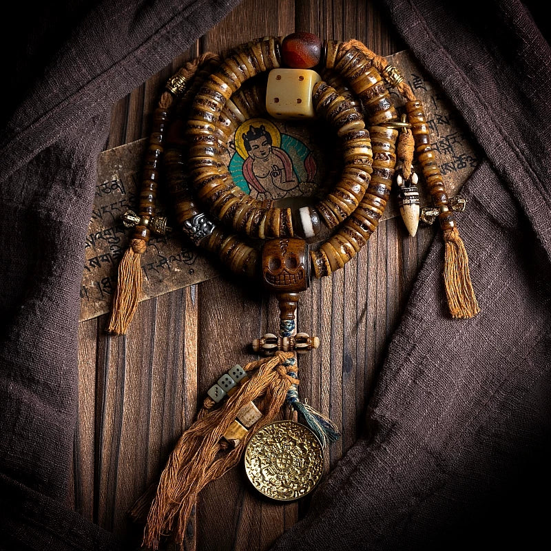 Original Handmade Tibetan Style 108 Beads Old Yak Bone Mala Prayer Beads Wrist Bracelet Replicated Vintage Spirit Bone Gagga For Meditation Japa Mala