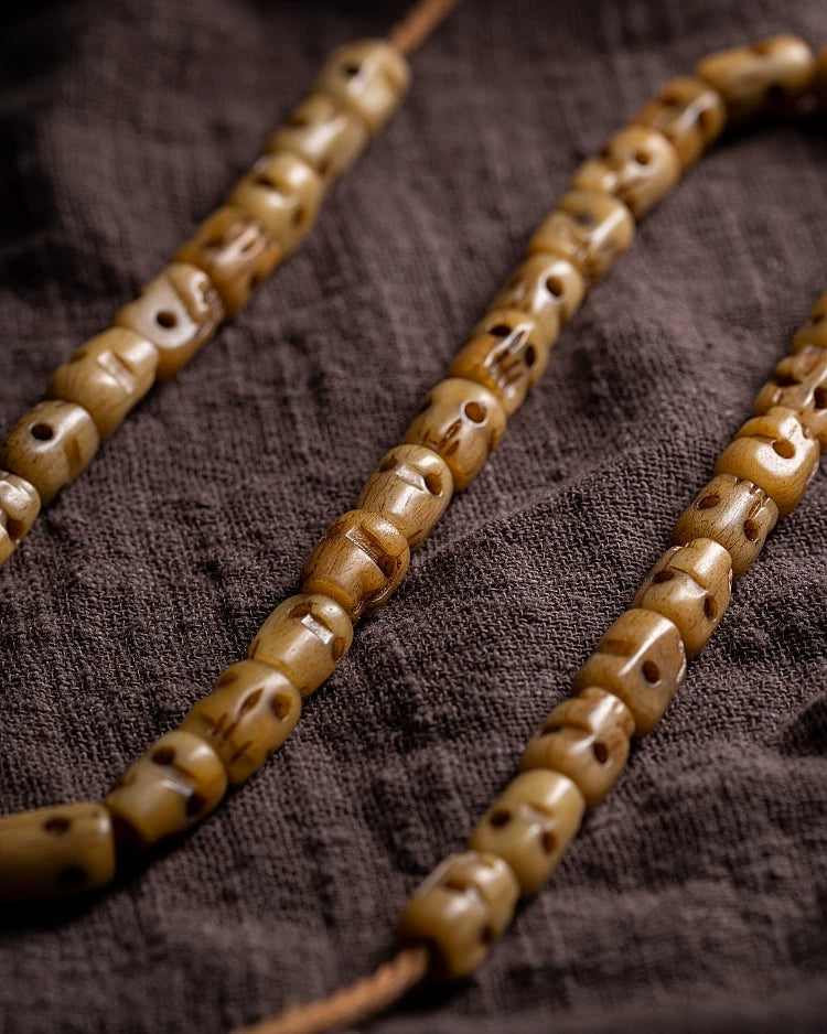 54 Beads Hand Carved Kutulu Master Replica Natural Old Material Yak Bone Mala Prayer Beads Bracelet Sidpa Gyalpo Skull Handcrafted Yak Bone Tibetan Buddhist Rosary Wristband