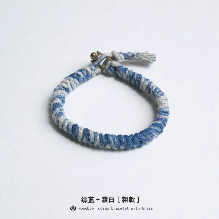 Handmade Braided Diamond Knot Cotton Linen Indigo Dyed Bracelet With Brass T Clasp Unisex Couple Woven Bangle Trendy Fashion Jewelry Gift For Men And Women