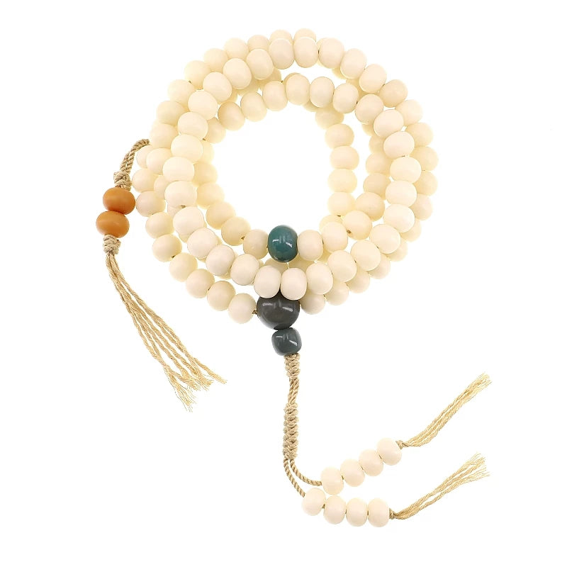Original Design 108 Beads Natural White Bodhi Root Prayer Beads Bracelet White Jade Texture Hand String for Men Meditation Practice and Women Daily Wear Buddhist Rosary Wristband