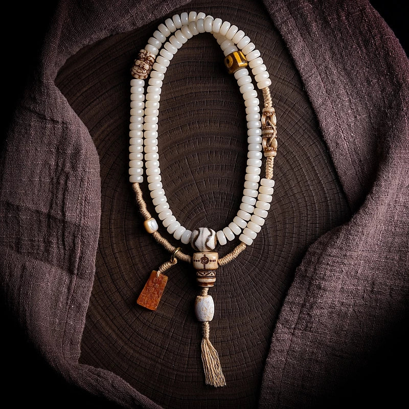 108 Beads Natural White Bodhi Root Mala Bracelet Handmade Tibetan Braided String Bodhi Root Rosary Wrist Bracelet Meditation Prayer Yoga Jewelry For Men Women
