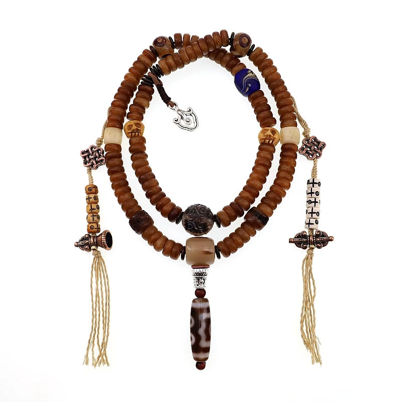 Original 108 Beads Tibetan Old Yak Bone Mala Prayer Beads Bracelet Handmade Tibetan Yak Bone Dzi Agate Beaded Wrist Mala for Meditation Yoga Prayer Jewelry