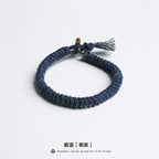 Handmade Braided Diamond Knot Cotton Linen Indigo Dyed Bracelet With Brass T Clasp Unisex Couple Woven Bangle Trendy Fashion Jewelry Gift For Men And Women