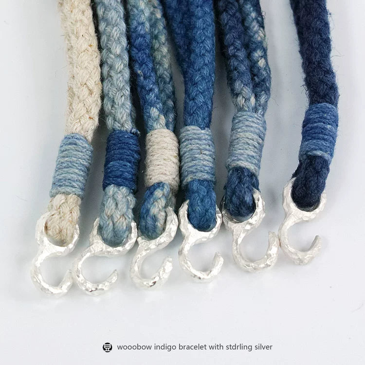 Handmade Indigo Dyed Cotton Linen Woven S Hook Bracelet Vintage Pure Silver Unisex Couple Bangle Fashion Brand Jewelry Perfect Holiday Birthday Gift for Men and Women