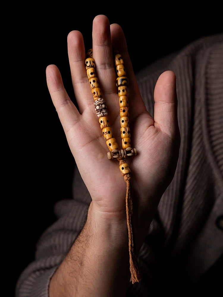 Hand Carved Replica Master of ShiTuoLin Wrist Bracelet Authentic Old Yak Bone Tibetan Style Prayer Bead Handheld Mala for Buddhist Jewelry Collection