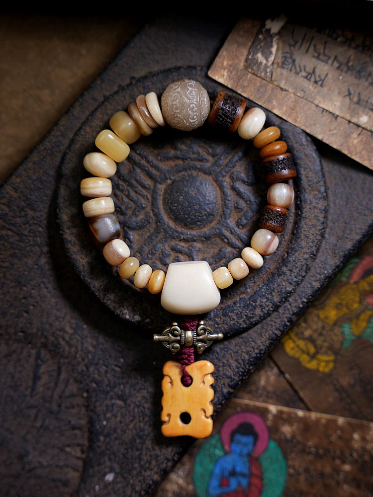 Original Design Natural Yak Bone Camel Bone Multi Treasure Tibetan Prayer Beads Bracelet Tibetan Style Unisex Couple Unique Minority Handmade Bracelet
