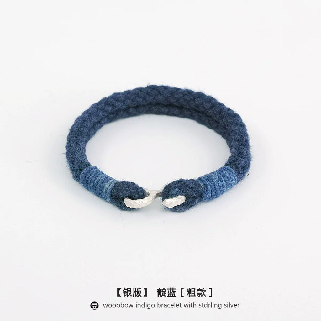 Handmade Indigo Dyed Cotton Linen Woven S Hook Bracelet Vintage Pure Silver Unisex Couple Bangle Fashion Brand Jewelry Perfect Holiday Birthday Gift for Men and Women