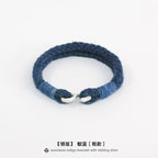 Handmade Indigo Dyed Cotton Linen Woven S Hook Bracelet Vintage Pure Silver Unisex Couple Bangle Fashion Brand Jewelry Perfect Holiday Birthday Gift for Men and Women