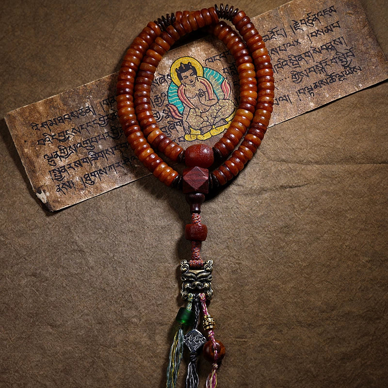 Tibetan Style Natural Old Material Yak Bone 108 Beads Prayer Mala For Men Women Yak Bone Bracelet Necklace With Scripture Buckle Handmade Tibetan Jewelry