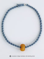 Hand Woven Indigo Dyed Hemp Cotton Necklace Cord Bracelet with Pure Silver Beads Unisex Couple Matching Jewelry Trendy Brand Gift for Men Women