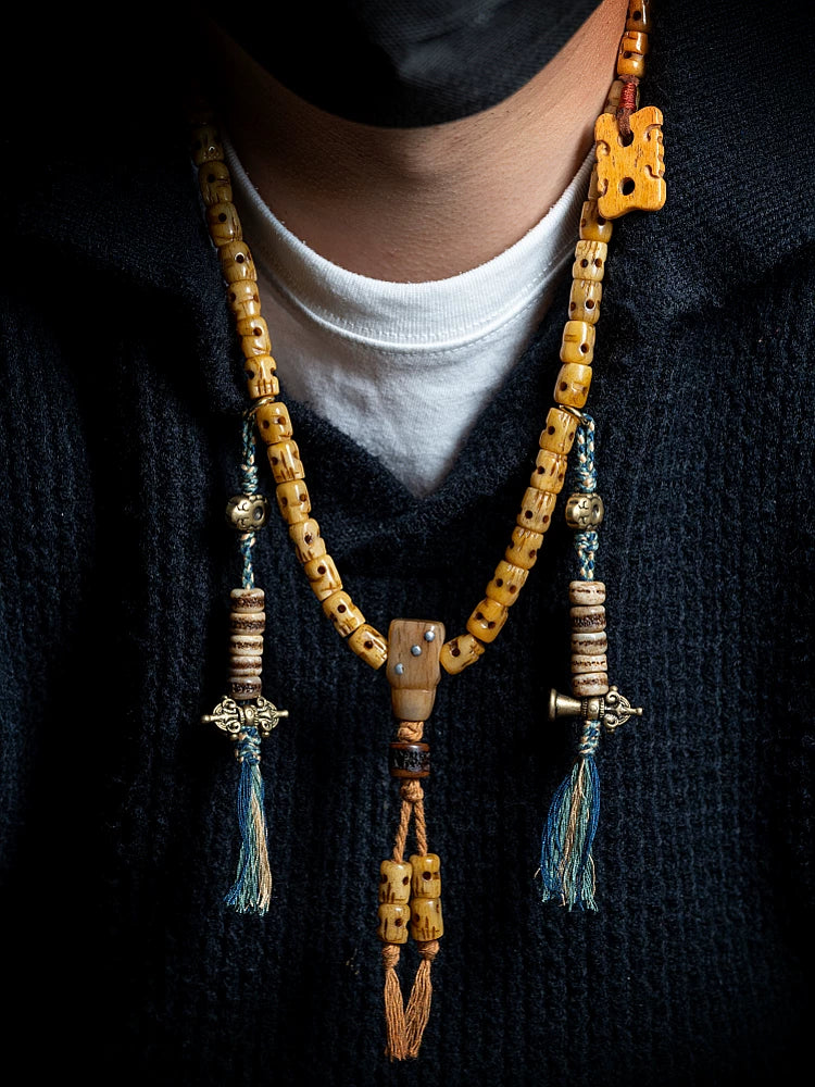 54 Beads Hand Carved Kutulu Master Replica Natural Old Material Yak Bone Mala Prayer Beads Bracelet Sidpa Gyalpo Skull Handcrafted Yak Bone Tibetan Buddhist Rosary Wristband