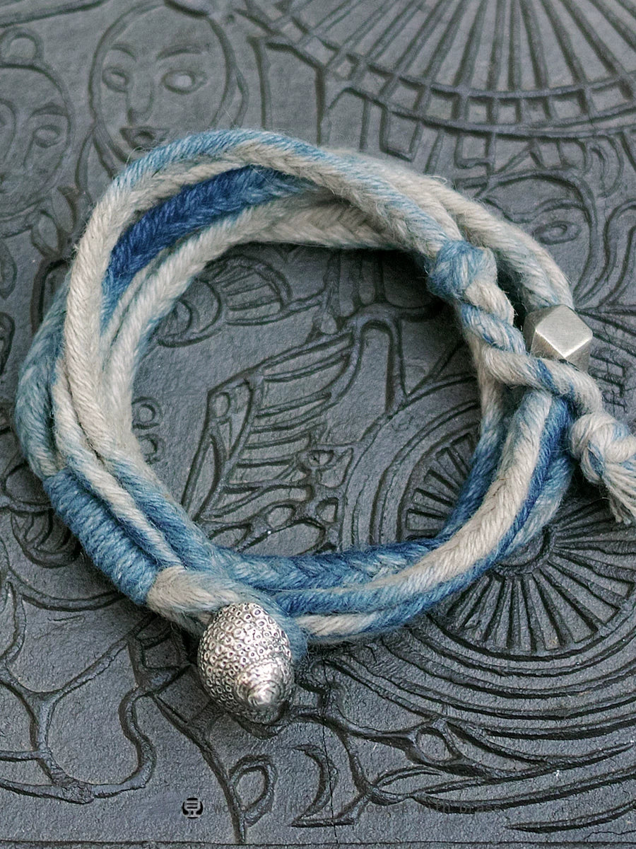Original Handmade Indigo Dyed Cotton Linen Five Strand Braid Bracelet with Solid Silver Buckle Unisex Couple Wristband Hand Strap for Daily Wear Matching Gift for Lover