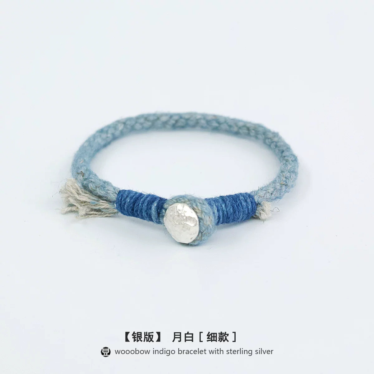 Handmade Indigo Dyed Beaded Buckle Cotton Linen Cord Bracelet with Pure Silver Accent Natural Plant Dye Unisex Couple Bangle Trendy Jewelry Perfect Holiday Birthday Gift for Men and Women