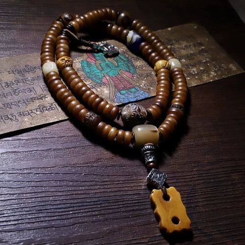 Original 108 Beads Tibetan Old Yak Bone Mala Prayer Beads Bracelet Handmade Tibetan Yak Bone Dzi Agate Beaded Wrist Mala for Meditation Yoga Prayer Jewelry