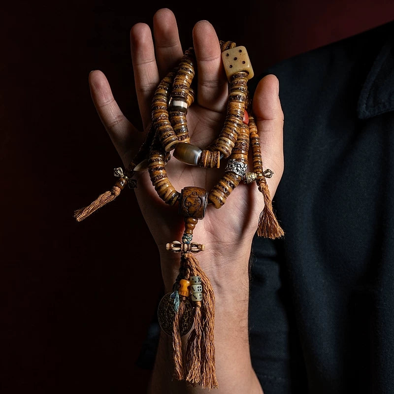 Original Handmade Tibetan Style 108 Beads Old Yak Bone Mala Prayer Beads Wrist Bracelet Replicated Vintage Spirit Bone Gagga For Meditation Japa Mala