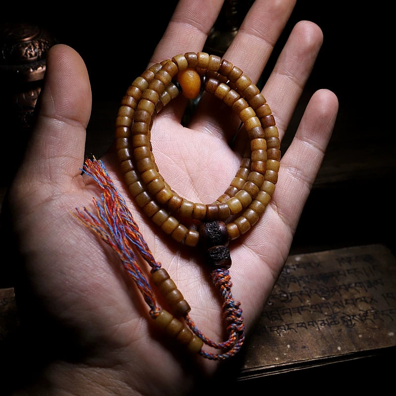108 Perler Lille Størrelse Gammelt Materiale Autentisk Tibetansk Naturlig Yakben Mala Bedearmbånd Håndlavet Tibetansk Stil Yakben Buddhistisk Rosenkrans Armbånd