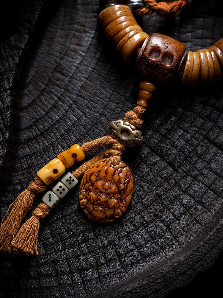 Vintage Tibetan Old Material Yak Bone Bead Mala Single Strand Bracelet Authentic Natural Yak Bone Spiritual Ling Gu Hand String for Prayer Meditation Daily Play Collection