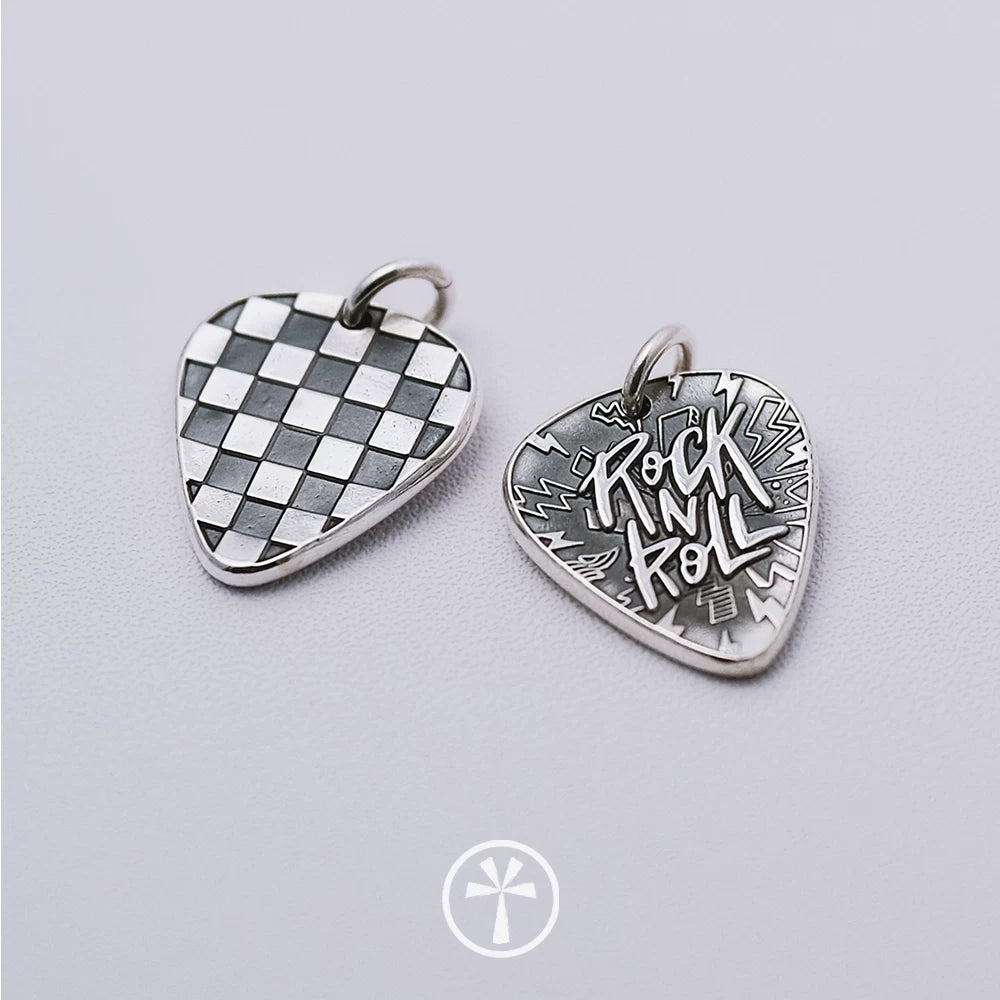 Original Handmade 999 Pure Silver Black White Check Plectrum Charm Pendant Necklace Independent Design Sterling Silver Jewelry For Jewelry Store