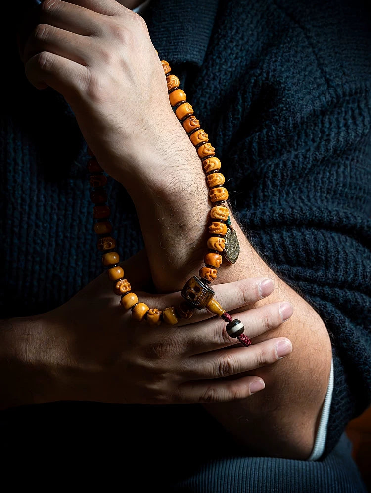 Tibet Natural Yak Bone Mala Beads Bracelet Vintage Hand Carved Skull Mahakala Multiple Wrap Wrist Bracelet Handmade Tibetan Ethnic Meditation Prayer Beads Jewelry for Men and Women