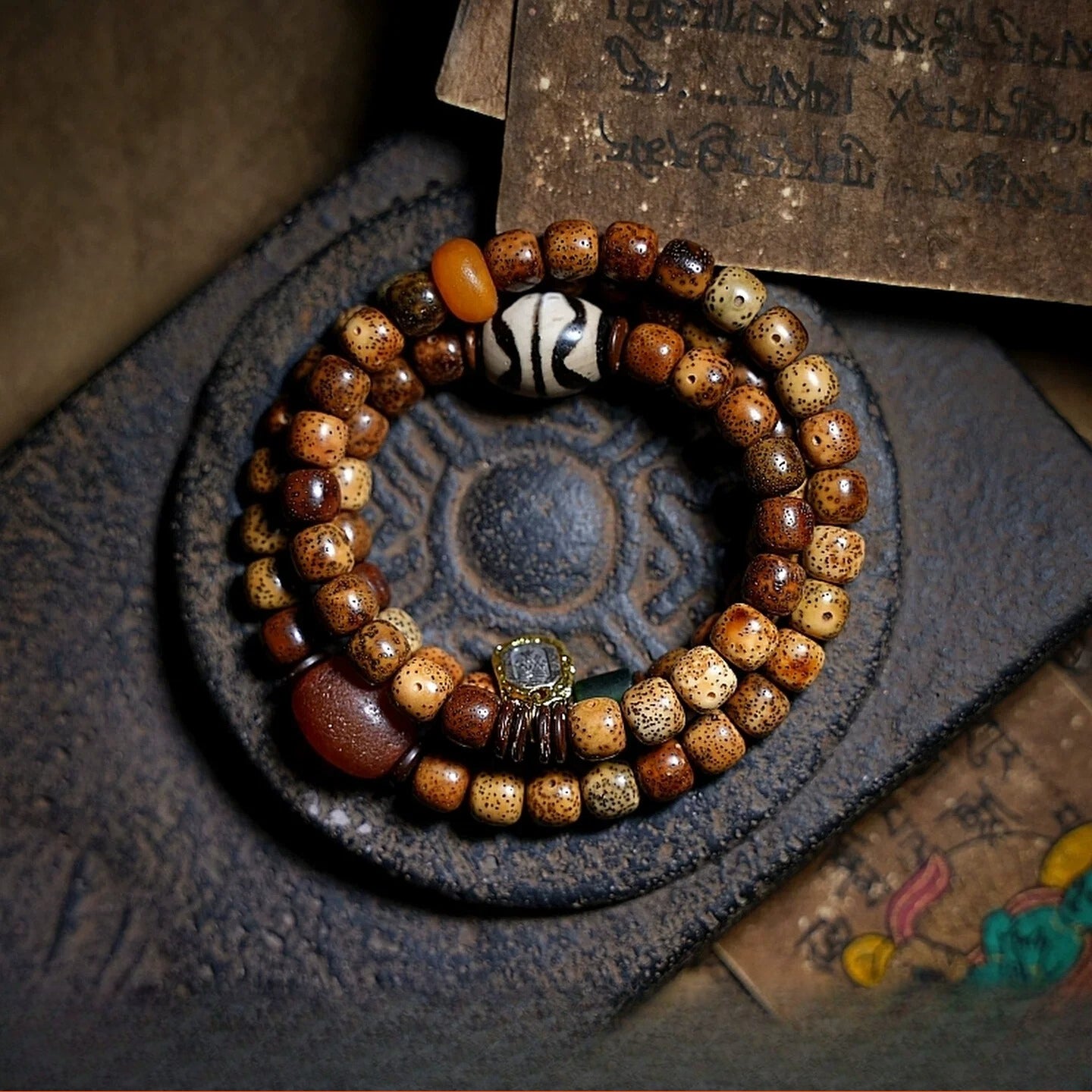 Original Design Star Moon Bodhi Beads Mala Bracelet Aged Seeds Dzi Bead Multi Layer Wrap Bracelet Unisex Religious Jewelry Accessory For Meditation Casual Daily Wear